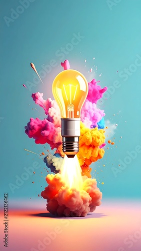 Glowing Light Bulb Launching Through Colorful Powder Cloud on Blue Background