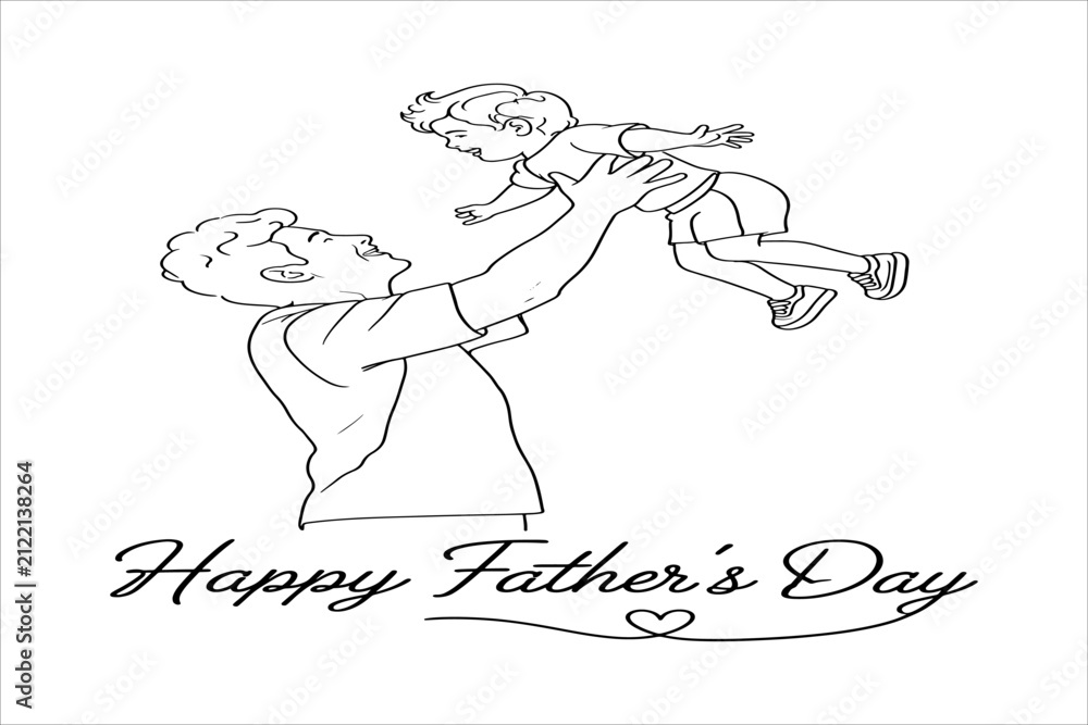Obraz premium Continuous line art drawing of a loving father lifting his young child in the air with Happy Father's Day text on a white background.