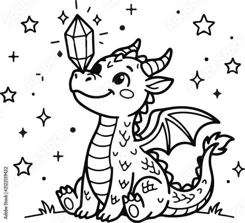 Cute baby dragon coloring page. Friendly mythical creature balancing a magic crystal.