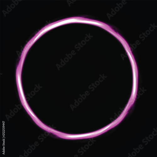 Glowing pink neon circle frame, vibrant light ring on black background, futuristic electric halo border, abstract luminous round vector element