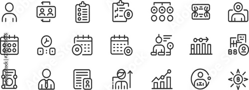 Business Management and Human Resources Line Icons Set - Office Workflow Vector Collection