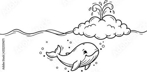 Cute whale calf swimming in the ocean. Vector illustration of a happy baby whale blowing water.