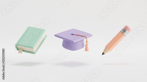 Pastel education icons in a row. 3D school supplies like book, cap and pencil.