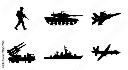 Obraz na płótnie Military Icons Set: Soldier, Tank, Jet, Missile Launcher, Warship, Drone Vector