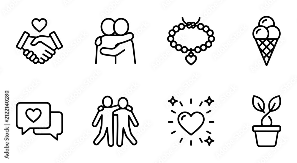 Fototapeta premium Friendship & Love Icons: Handshake, Hugs, Heart, Ice Cream, Plant, 8 Vector Elements
