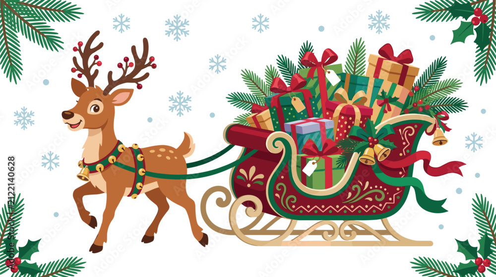 Obraz premium Cute cartoon reindeer pulling a christmas sleigh full of wrapped gifts