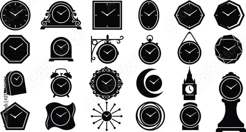 Obraz na plátně Vector silhouette collection of diverse clock styles including wall alarm antiqu