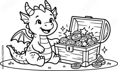 Cute baby dragon with treasure chest. Line art illustration for kids coloring book page.