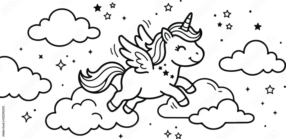 Naklejka premium Cute flying unicorn coloring page. Vector illustration of a magical pony in the sky.