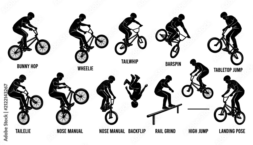 Fototapeta premium Bicycle Tricks and Stunts Illustration Set with Detailed Poses and Labels Featuring Cycling, Action, Sport with Vector and Icon