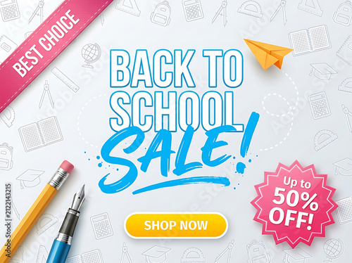Back to school sale banner. Promotional discount flyer with stationery and paper plane.