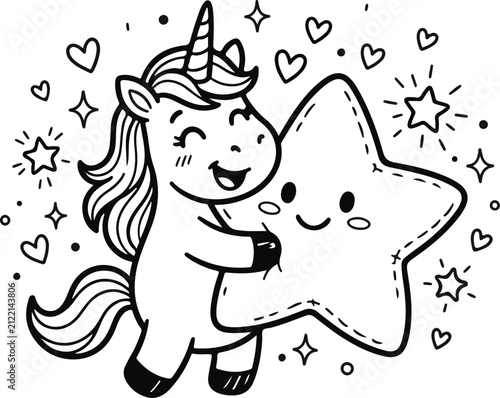 Cute unicorn hugging a star. Kawaii coloring page for kids with magical fantasy character.