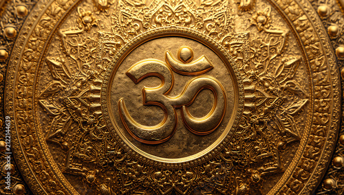 Intricate golden embossed om symbol emblem with spiritual hinduism religion meditation buddhism sculpture tradition reflection abstract background mystical enlightenment serenity wellness