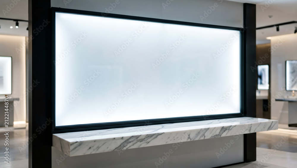 Fototapeta premium Backlit Frosted Glass Display Wall With White Marble Ledge