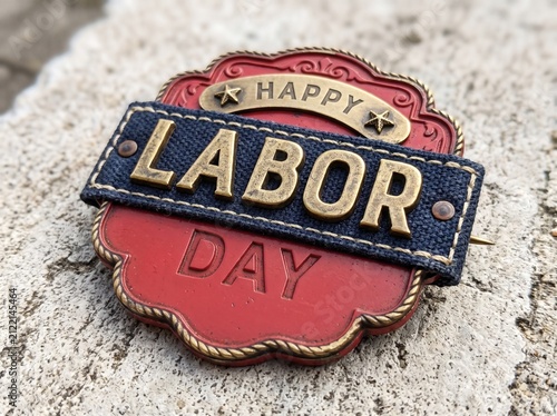 Happy Labor Day Decorative Badge with Metal Letters and Denim Texture on Stone Background