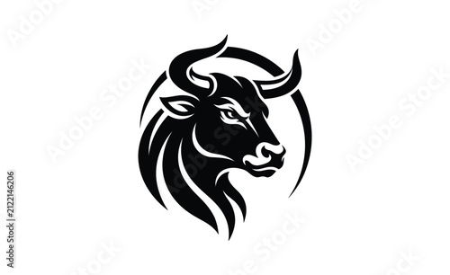 Bull silhouette in circle with powerful horns for sports logos and emblems during a strong stance