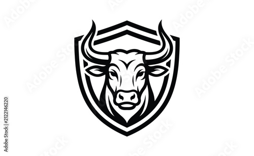 Bull head silhouette within shield emblem for sports team logo or brand identity in monochrome vector style