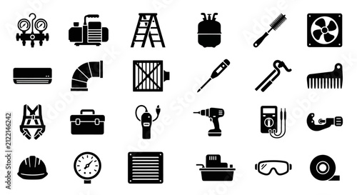 Collection of HVAC and industrial tools and equipment, including gauges, vacuum pumps, ladders, and safety gear.