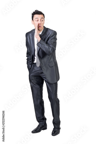 Obraz na plátně Businessman telling secret in studio, transparent background