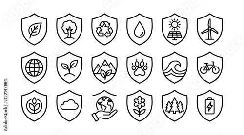Shield Environment Icon Set – Leaf, Water, Globe and Plane Line Icons
Shield environment icon set featuring leaf, water drop, globe, tree and airplane shield line icons. Perfect for environmental prot