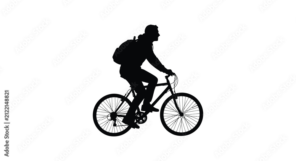 Fototapeta premium Cyclist On Bicycle Silhouette Against White Background