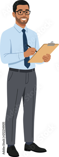 Professional businessman holding a clipboard in a clean isolated graphic design style silhouette