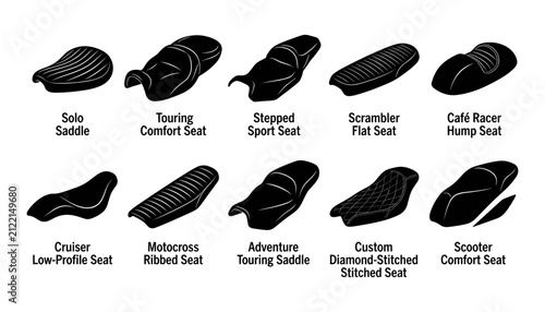 фотографія Motorcycle Seat Designs Including Solo, Comfort, Sport, Flat, and Hump Styles Fe