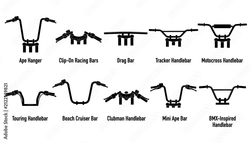 Fototapeta premium Various Motorcycle Handlebar Styles Shown as Black Line Art Icons for Design Reference. Featuring Icon, Style, Illustration