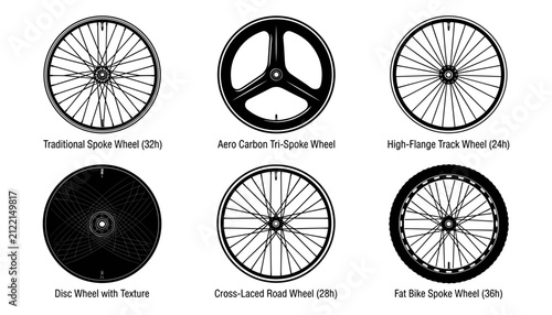 Traditional Spoked Bicycle Wheels with Various Designs and Spoke Counts Shown in Black Vector Illustration