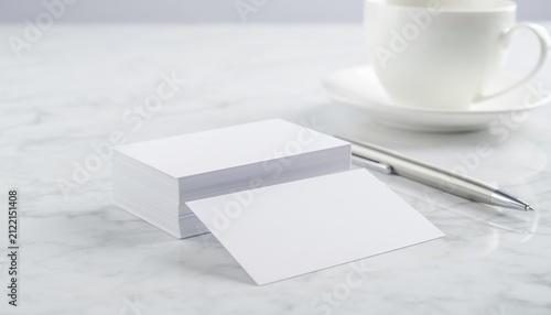 Professional business card stack and ceramic mug on a polished marble surface conveying brand identity networking corporate communication and personalized stationery for aspiring entrepreneurs and est