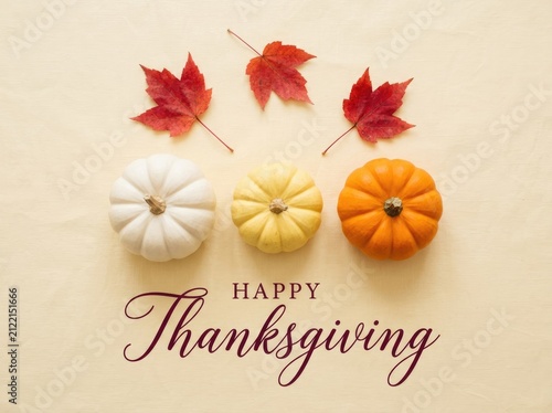 Happy thanksgiving greeting card featuring colorful pumpkins and autumn maple leaves on a light beige background