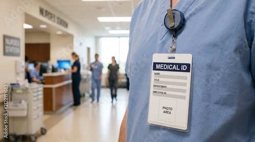 Hospital doctor wearing medical ID badge in clinic.