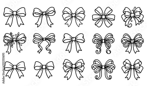Black and white hand drawn decorative ribbon bow line art vector set
