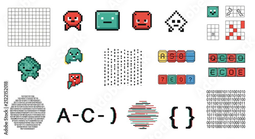 8-bit pixelated characters and UI icons set.