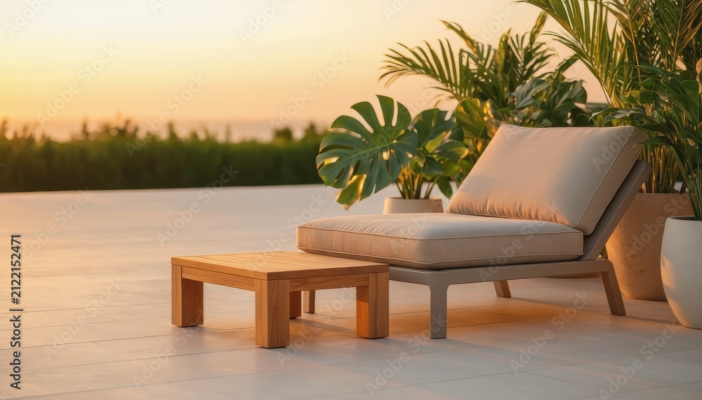 Fototapeta premium Luxurious Contemporary Outdoor Lounge Seating with Natural Greenery Amidst a Serene Golden Hour Sunset Glow Evoking Tranquility and Sophistication for Elevated Relaxation.