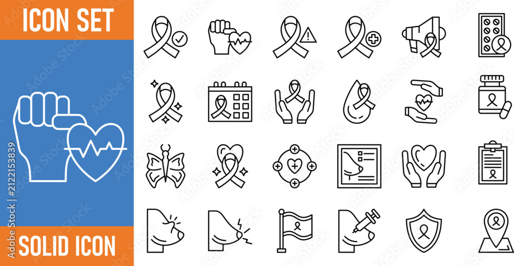 Fototapeta premium Awareness ribbon icon set solid outline symbols for health campaigns and support.