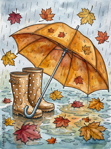 Autumn Umbrella in Rain with Falling Leaves Watercolor Illustration