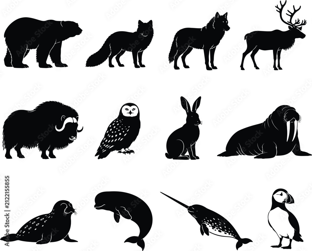 Obraz premium Set of black silhouettes of arctic animals including polar bear fox wolf reindeer owl seal and narwhal