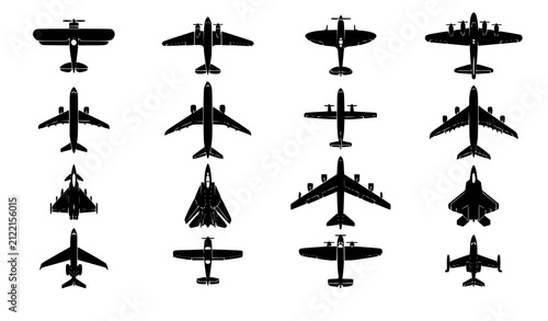 Airplane Silhouette Set with Passenger Jet, Fighter Plane and Cargo Aircraft Black Vector Top View Icons