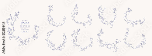 Set of floral whimsical or rococo frames for logo or wedding monogram. Vintage flowers and botanical calligraphy for packaging, greeting card
