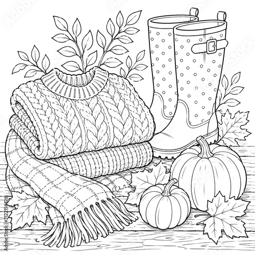 Cozy Autumn Sweater and Rain Boots Coloring Page Line Art