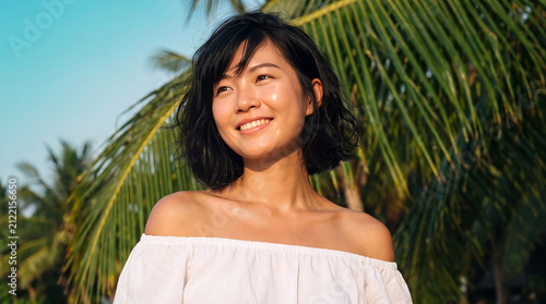 Portrait of a smiling young asian woman in a white off-shoulder top outdoors
