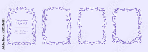 Set of whimsical calligraphic frame and corners. Retro for invitation save the date card. Doodle line vector illustration.