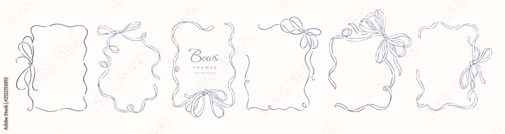 Obraz premium Set of ribbons and bows frames. Hand drawn linear doodle design elements for decoration celebration, save the date card