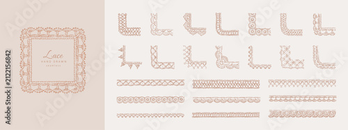 Set of whimsical scalloped crochet seamless borders and corners. Hand drawn doodle illustration of lace ornaments. Vintage dollies elements for wedding invitations