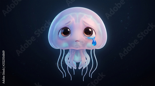 Sad jellyfish character crying with blue tear in dark ocean scene