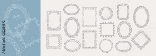 Set of whimsical scalloped crochet seamless frame. Hand drawn doodle illustration of lace ornaments. Vintage dollies elements for wedding invitations or scrapbooking