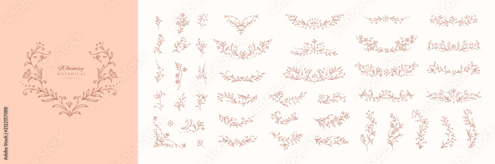 Obraz premium Set of whimsical doodle drawing various flowers design elements. Botanical floral collection for wedding invitation, wallpaper art or save the date