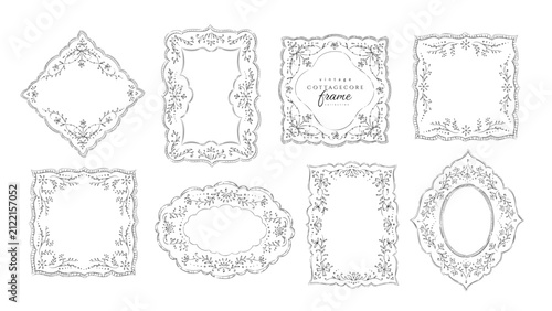 Set of cottagecore floral lace frame. Vintage dollies napkin with floral elements for wedding invitations or collage. Elegant embroidery handkerchief, hand drawn