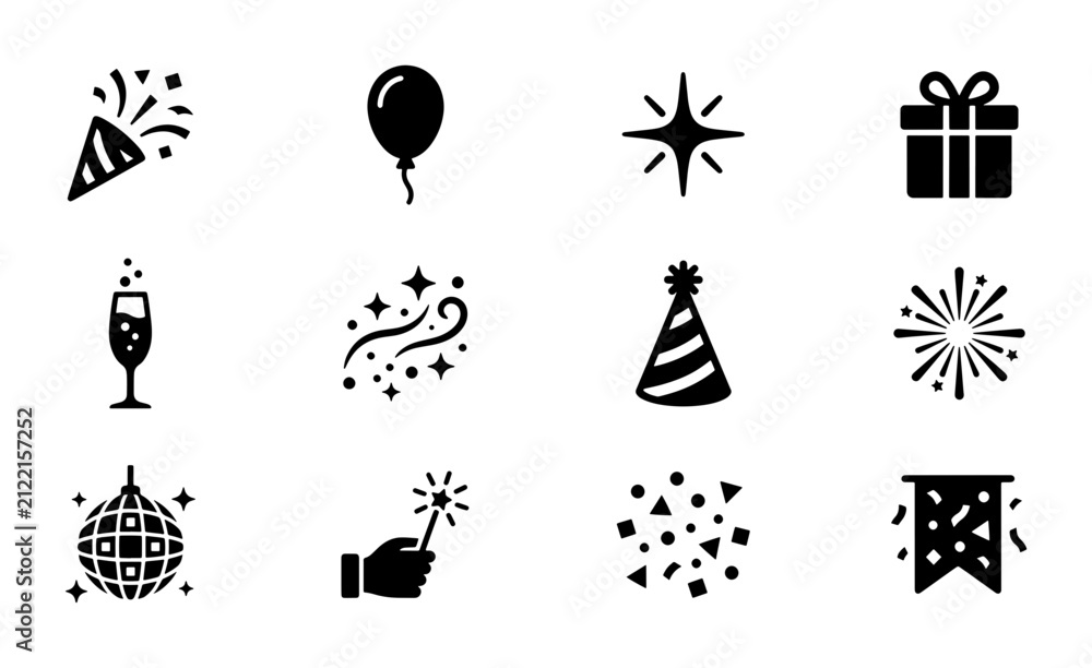Fototapeta premium Celebration Icons Set: Festive Party Graphics, Birthday Symbols, New Year's Eve Elements, Vector Graphics for Event Design